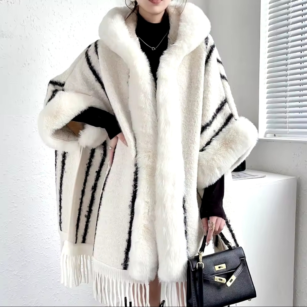 Faux Rabbit Fur Collar Coat Woman Winter